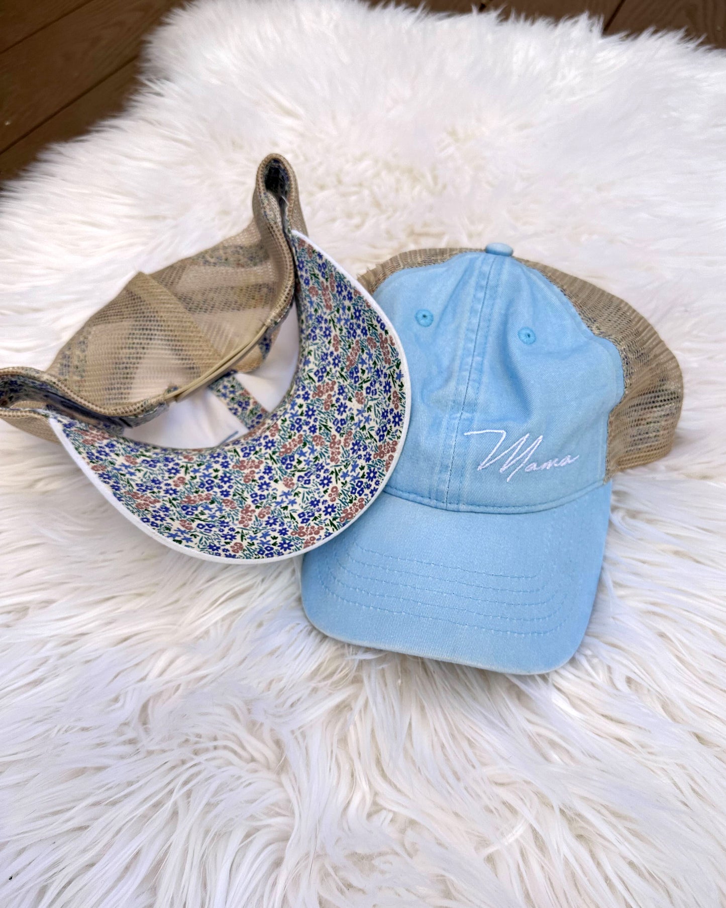 Light Blue Floral Ponytail Mama Hat